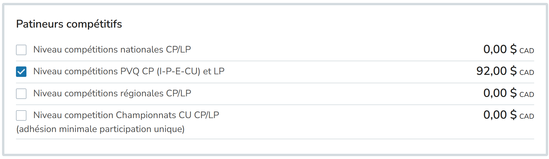 Sélection du type d'inscription sur IceReg
